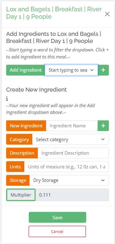 Edit Meal Interface Add Ingredients