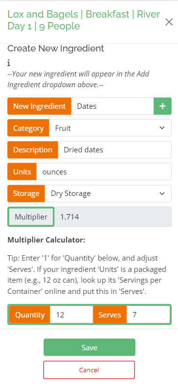 Edit Meal Interface Create New Ingredients