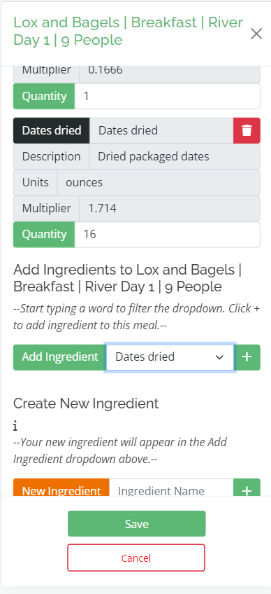 Edit Meal Interface Add Your New Ingredient to the Meal