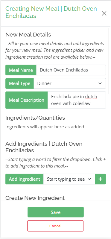 Create Meal Interface Meal Information