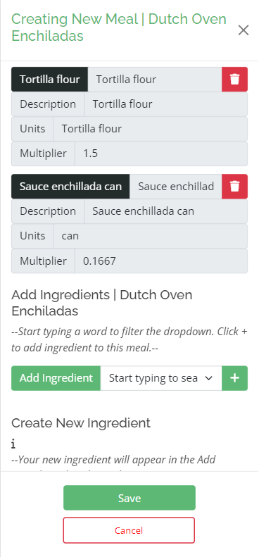 Create Meal Interface Add Ingredients to the Meal