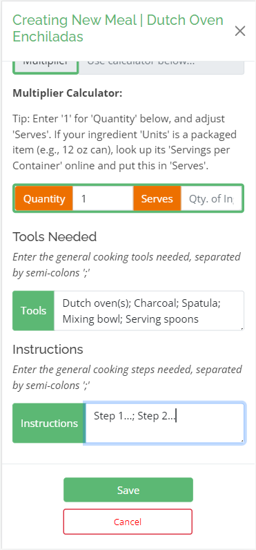 Create Meal Interface Tools and Instructions